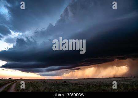 View of a massive supercell storm cloud with heavy rain curtains and dramatic sunset light over a vast open field. Stock Photo