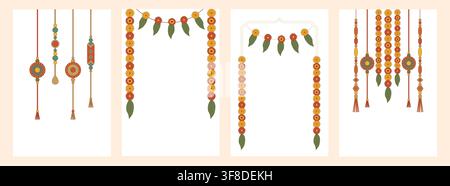 Set of traditional Indian decorative elements featuring marigold flower garlands and rakhi bracelets. Stock Vector