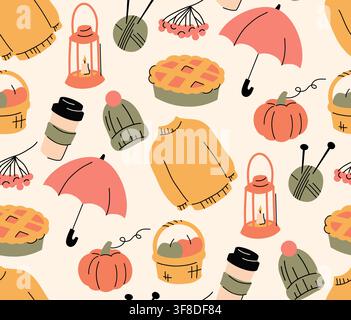 Vector autumn seamless pattern in a naive hand-drawn style. Fall texture with umbrella, pie, pumpkin, coffee, sweater, lantern for wallpaper and wrapp Stock Vector