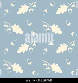 Autumn seamless pattern with oak leaves and acorns silhouettes in cream color on a dusty blue background for seasonal apparel textiles, gift wrapping Stock Vector