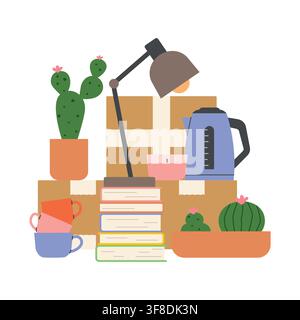 cardboard moving boxes and household items: plants, books, lamp, cups, candle, kettle, perfect for moving, relocation, packing, unpacking, home organi Stock Vector