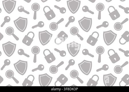 security and protection seamless pattern with padlocks, keys, magnifying glasses and shields, suitable for cybersecurity, privacy, safety, insurance, Stock Vector
