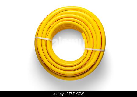 Coiled yellow garden hose isolated on white background, top view Stock Photo