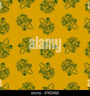 Seamless autumn pattern with mushrooms in reusable mesh shopping bags. Vintage flat vector design for fabric, wallpaper, packaging. Stock Vector