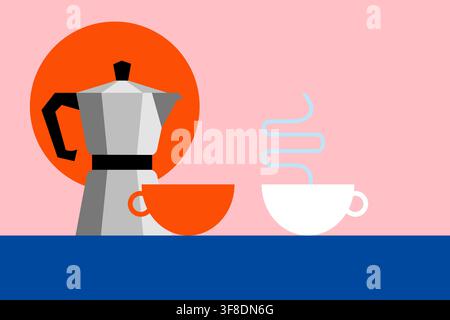 Minimalist vector illustration of a moka pot with two coffee cups on a table Stock Vector