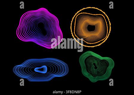 Abstract colorful topographic map style shapes with glowing lines on a dark black background Stock Vector
