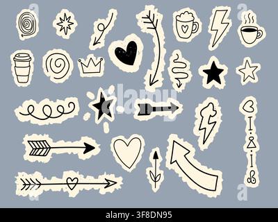 Collection of hand drawn doodle stickers featuring arrows hearts stars and coffee cup icons Stock Vector