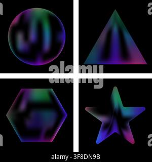 Set of iridescent geometric shapes with holographic texture isolated on a solid black background Stock Vector