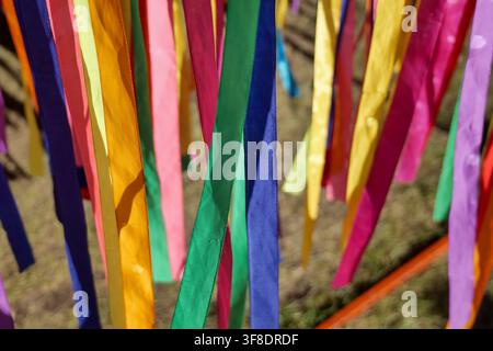 Abstract background of bright colorful vertical hanging ribbons Stock Photo