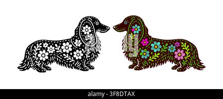 Dachshund dog with flowers Cartoon. Hand drawn. Not AI, vector illustration. Stock Vector