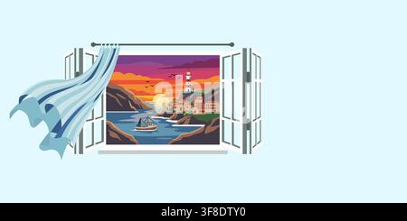 Open window with view of coastal town and lighthouse at sunset. Seaside landscape with fishing boat on sea. Travel and vacation concept. Scenic nature Stock Vector