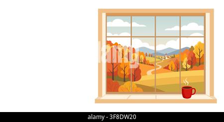 View of autumn landscape with colorful trees and village through window. Cup of hot drink on windowsill with copy space. Seasonal morning scenery. Stock Vector