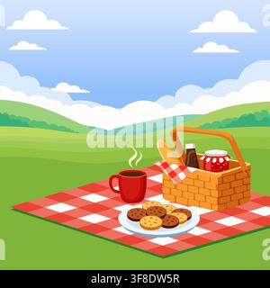 Summer picnic in a green meadow with basket, red checkered blanket, coffee and cookies. Bright flat vector illustration for outdoor leisure. Stock Vector