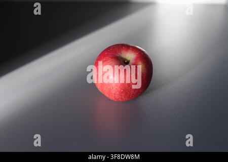 Single red apple on dark surface with dramatic window light Stock Photo