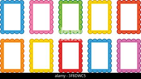 Colorful vector set of blank wavy vertical photo frames with bright rainbow borders for classroom decor and scrapbooking design. Stock Vector