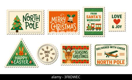 Vintage vector set of Christmas and holiday postage stamps featuring Santa Claus workshop, North Pole delivery, and festive greetings. Stock Vector
