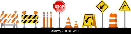 Flat design road construction traffic control warning signs set isolated on white background Stock Vector