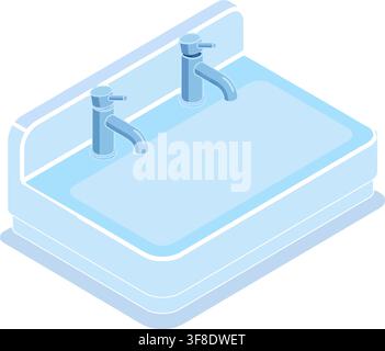 Isometric blue bathroom sink vector icon with double water faucets for modern interior house construction and plumbing design. Stock Vector