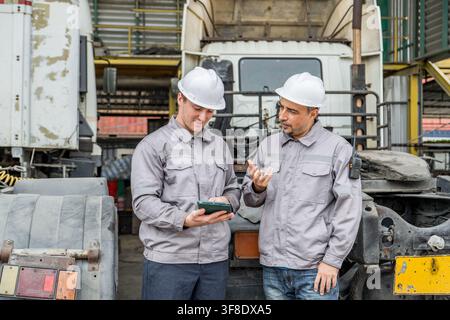 Two construction workers collaborating and discussing project details in a warehouse environment. Ideal for themes of teamwork, construction, industry Stock Photo