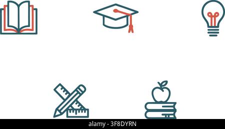Flat design icons representing education concepts including book, graduation cap, light bulb, pencil, and stack of books Stock Vector