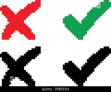 Set of pixel check mark and cross. Vector illustartion. Stock Vector
