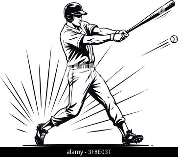Vector illustration of a baseball player in mid-swing hitting a ball with dynamic motion lines Stock Vector
