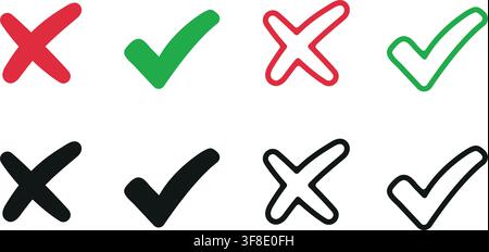 Green check mark and red cross icon.Set of simple icons in flat style Stock Vector
