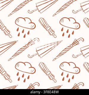 Seamless pattern with rain cloud and umbrella in line art style. Autumn weather concept. Hand drawn scribble doodle background. Decorative Stock Vector