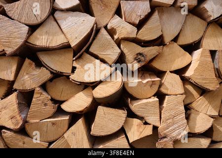 Close-up of stacked firewood ready for use. Fuel for fireplace. Renewable and sustainable energy. Stock Photo