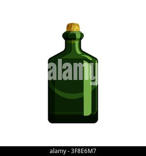 Green glass bottle of rum with a cork stopper. Perfect for nautical and pirate themes, maritime decor Stock Vector