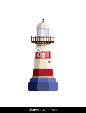Marine lighthouse. Sea navigation tower with searchlight lamp on top to guide ships Stock Vector