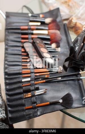A professional makeup artist set featuring an array of cosmetic brushes arranged neatly inside a black leather organizer case. Stock Photo