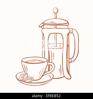 French press coffee maker and cup with saucer in line art style. Kitchen appliance for brewing morning beverage. Concept of cafe equipment. Vector Stock Vector