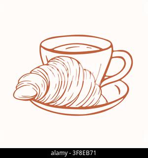 Coffee cup with fresh croissant icon in simple line art style. Breakfast pastry and drink beverage concept. Minimalist element for menu, cafe, bakery Stock Vector