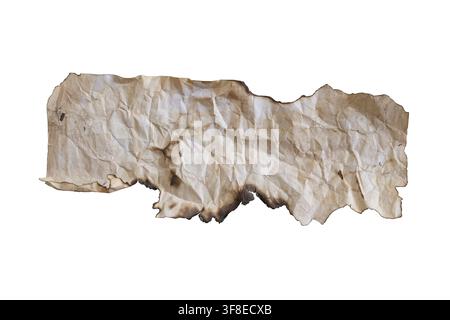 Vintage Burnt Paper Fragment with Wrinkled Texture on White Background — Historical and Artistic Concept Stock Photo