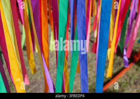 Close up vertical multicolored ribbons background pattern Stock Photo