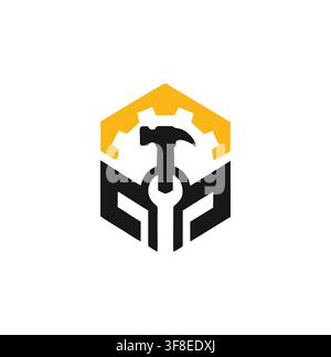 Professional modern hexagon hammer wrench gear construction logo design vector Stock Vector