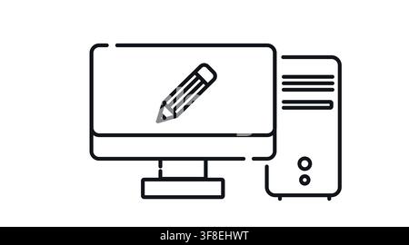 Desktop computer tower and monitor with pencil symbol on screen vector icon. Stock Vector