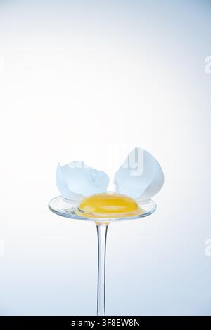 Egg yolk on a glass coupe with small cracked shell halves, soft blue gradient background Stock Photo
