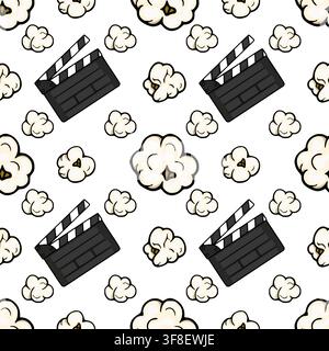 Cinema seamless vector pattern with popcorn and movie clapperboard illustration Stock Vector