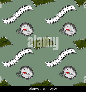 Seamless vector pattern with cinema film strips, travel maps and navigational compasses on a muted green background. Stock Vector