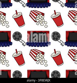 Cinema seamless pattern vector with movie theater screens, popcorn buckets, soda cups and film reels Stock Vector