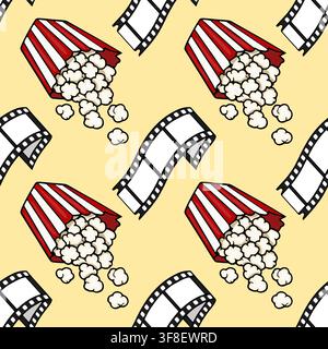 Seamless vector pattern with cinema popcorn buckets and film strips on a light yellow background Stock Vector