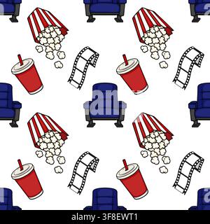 Cinema seamless pattern vector with popcorn buckets, soda cups, film strips and blue theater seats Stock Vector
