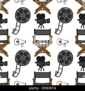 Seamless pattern with cinema equipment vector illustration including movie cameras, film reels, director chairs and megaphones Stock Vector