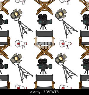 Cinema seamless pattern vector with film camera director chair studio light and megaphone Stock Vector