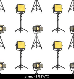 Seamless pattern with cinema studio lighting vector illustration featuring LED panels and spotlight equipment Stock Vector