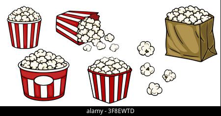 Set of popcorn vector illustration with striped buckets and paper bags Stock Vector