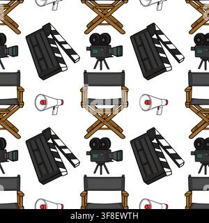 Cinema seamless pattern vector with film clapperboard, director chair, movie camera and megaphone Stock Vector