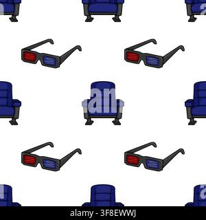 Cinema seamless pattern with vector 3D glasses and blue movie theater seats Stock Vector
